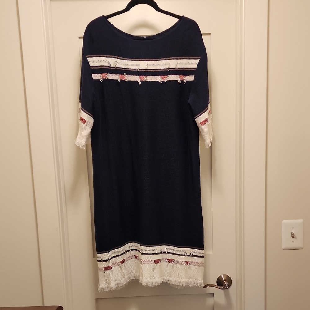 St. John Navy and Cream Striped Midi Dress